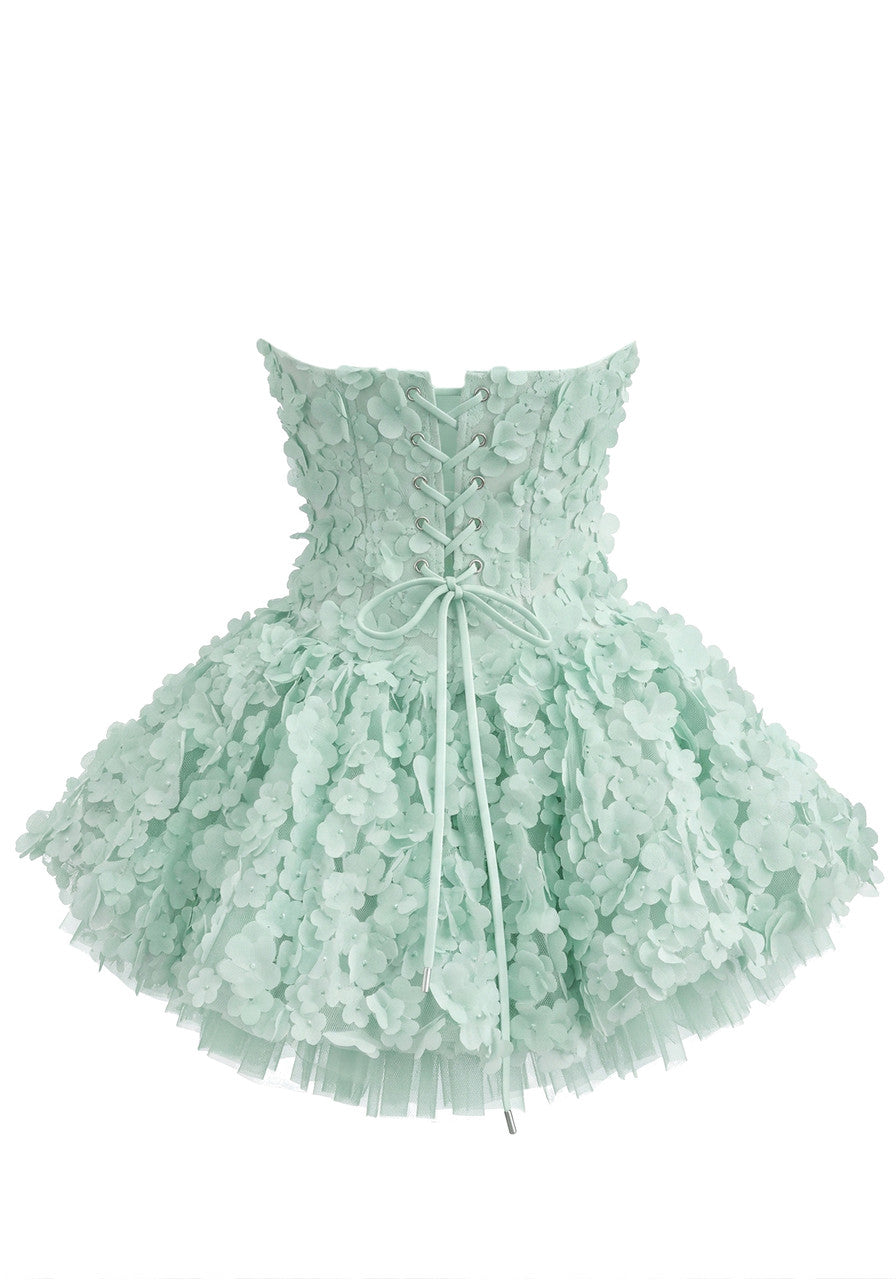 Strapless Floral Petal A Line Corset Dress Green