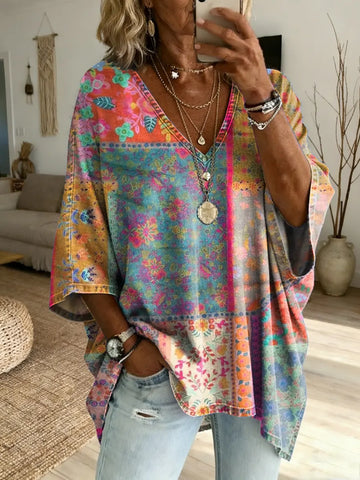 Women's Vintage Floral Patchwork Art Print Casual Washed Cotton Denim Jacket