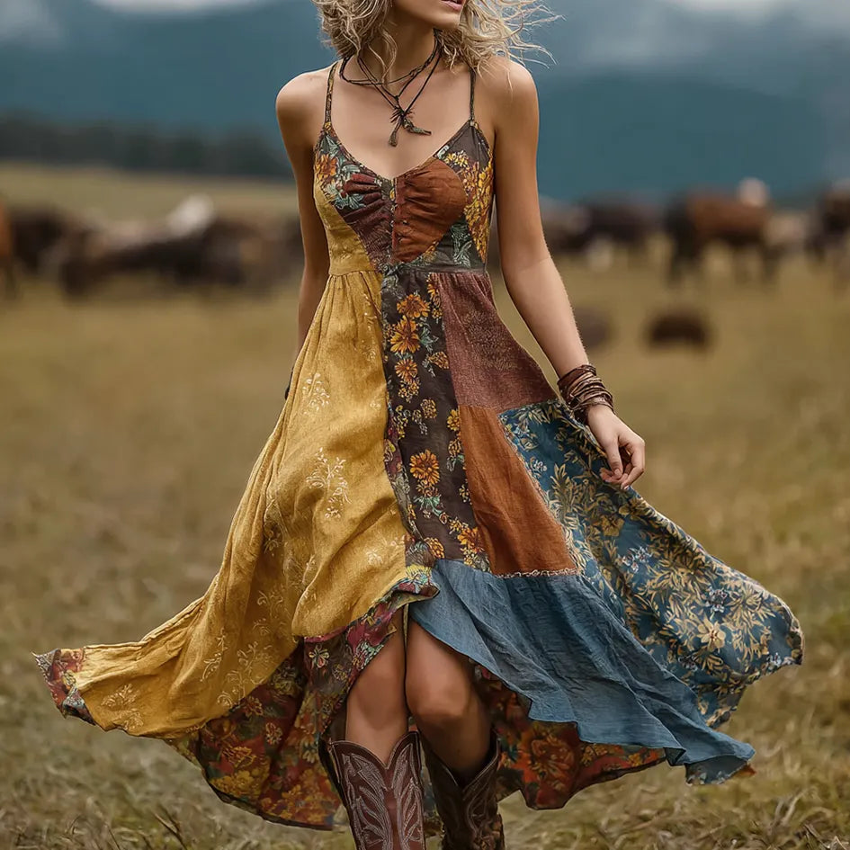 Retro Plant Flower Pattern Color Block Design Dress
