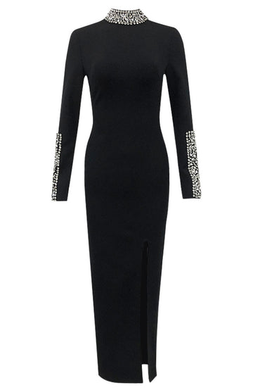 Long Sleeve Crystal Detail Midi Dress Black