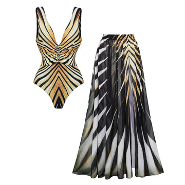 V-neck Tiger Stripe Print One Piece Swimsuit and Skirt