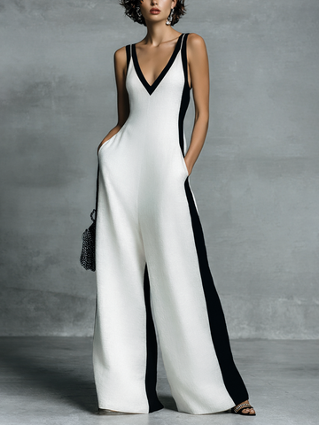 Women's Fashion Black and White Cotton Linen Color Block Thin Strap Jumpsuit MDZ0528B0BA