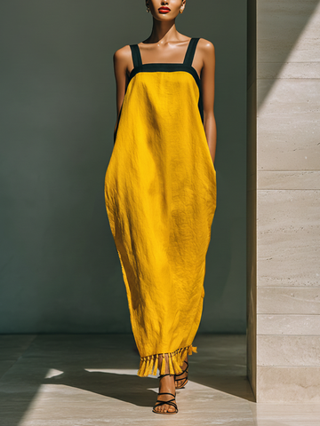 Women’s Yellow Linen-Blend Contrast Strap Tassel Hem Maxi Dress With Pockets MDZ1741D2T