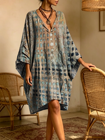 Women's Retro Ethnic Art Print Casual Three-quarter Sleeve V-neck Cotton Linen Short Dress