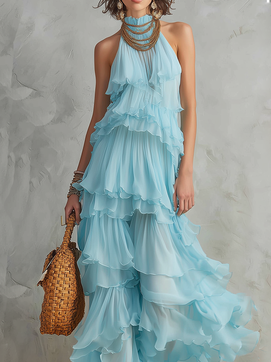 Resort Style Light Blue Halter Neck Tiered Cake Dress