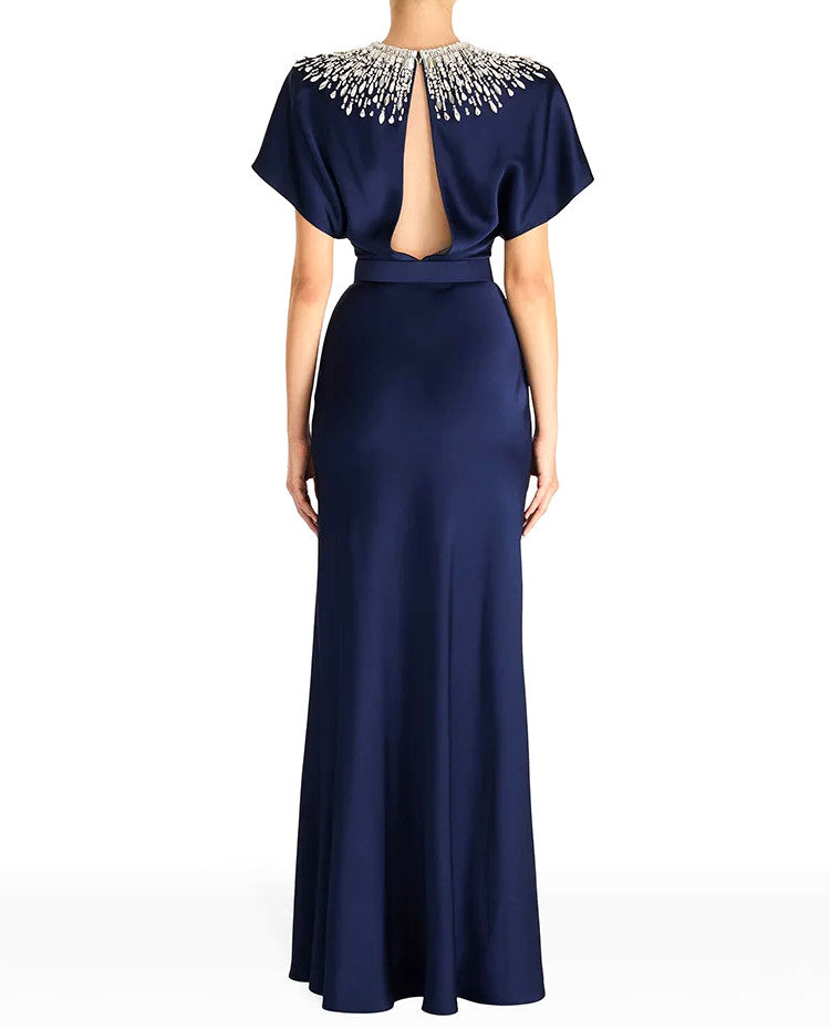 Embellished Cape Detail Maxi Dress Navy Blue