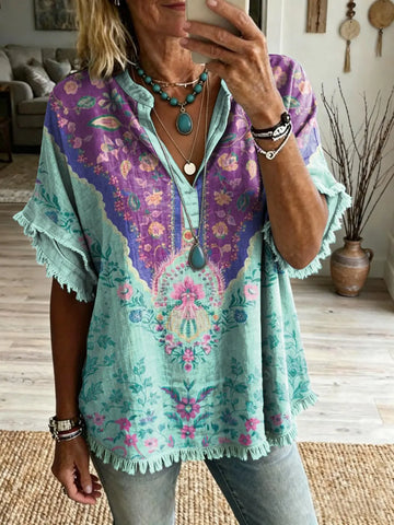 Women's Retro Colorful Ethnic Floral Art Print Casual Loose V-Neck T-Shirt