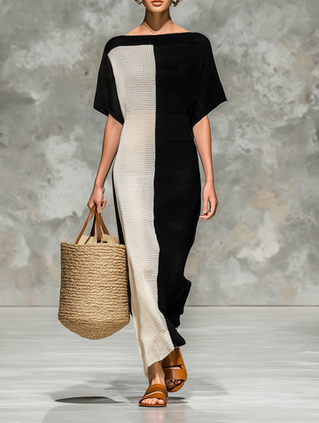 Women's Minimalist Knitted Boat Neck Short-sleeved Maxi Dress MDZ0969A4Y