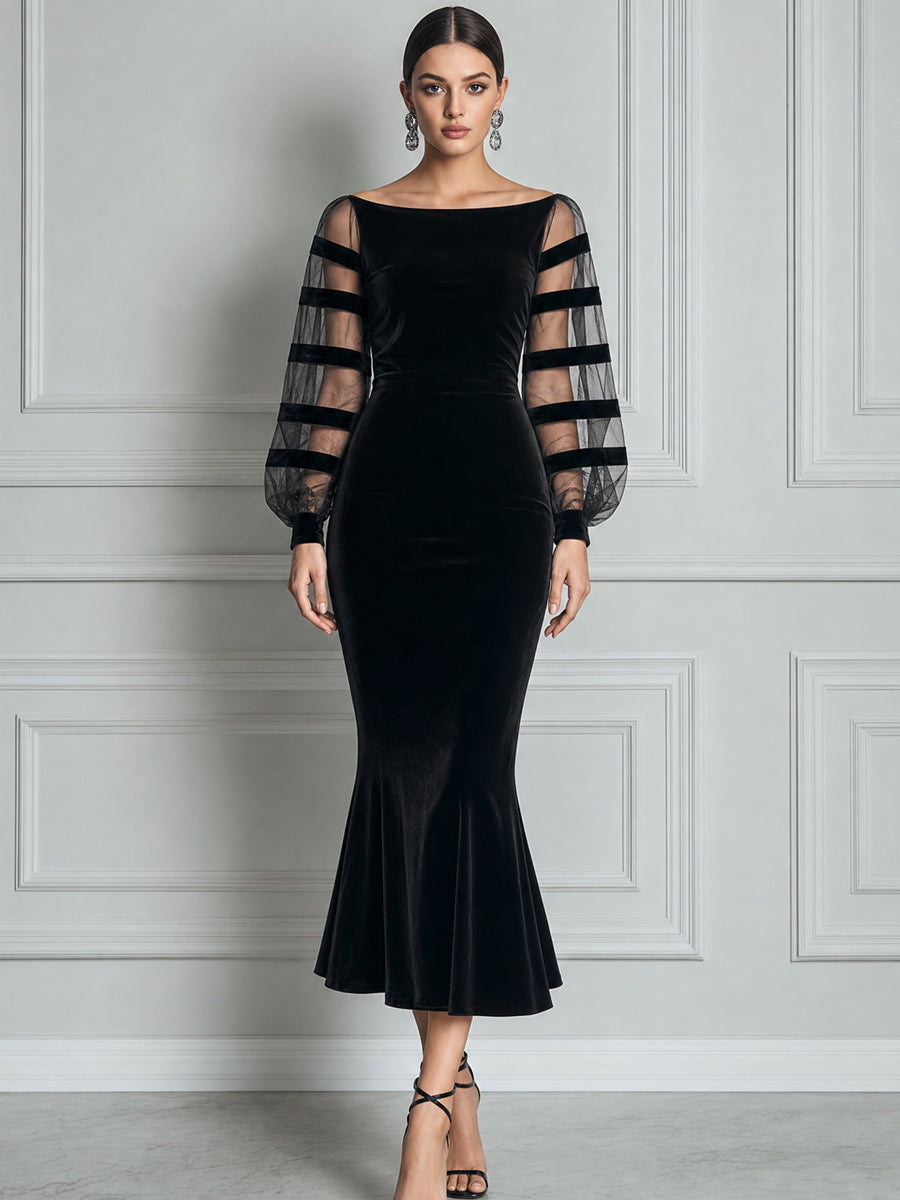Velvet Boat-Neck Striped Mesh Sleeve Mermaid Midi Dress