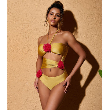 3D Flower Color Block Cut Out Halter One Piece Swimsuit and Skirt Flaxmaker