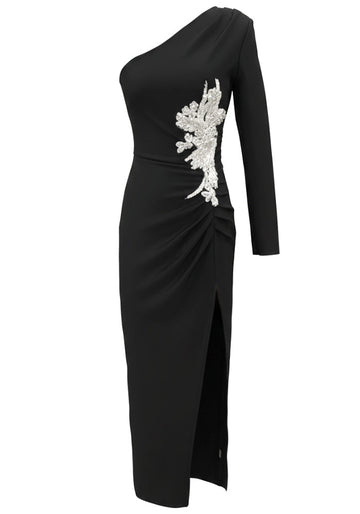 One Sleeve Floral Embellished Maxi Dress Black