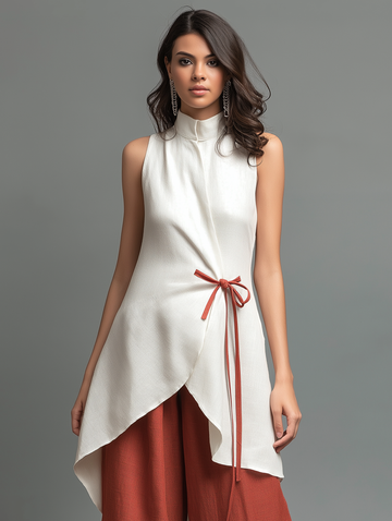 Women's Minimalist Linen-Blend Stand-Collar Sleeveless Wrap Shirt With Tie Belt MDZ1393D5Y
