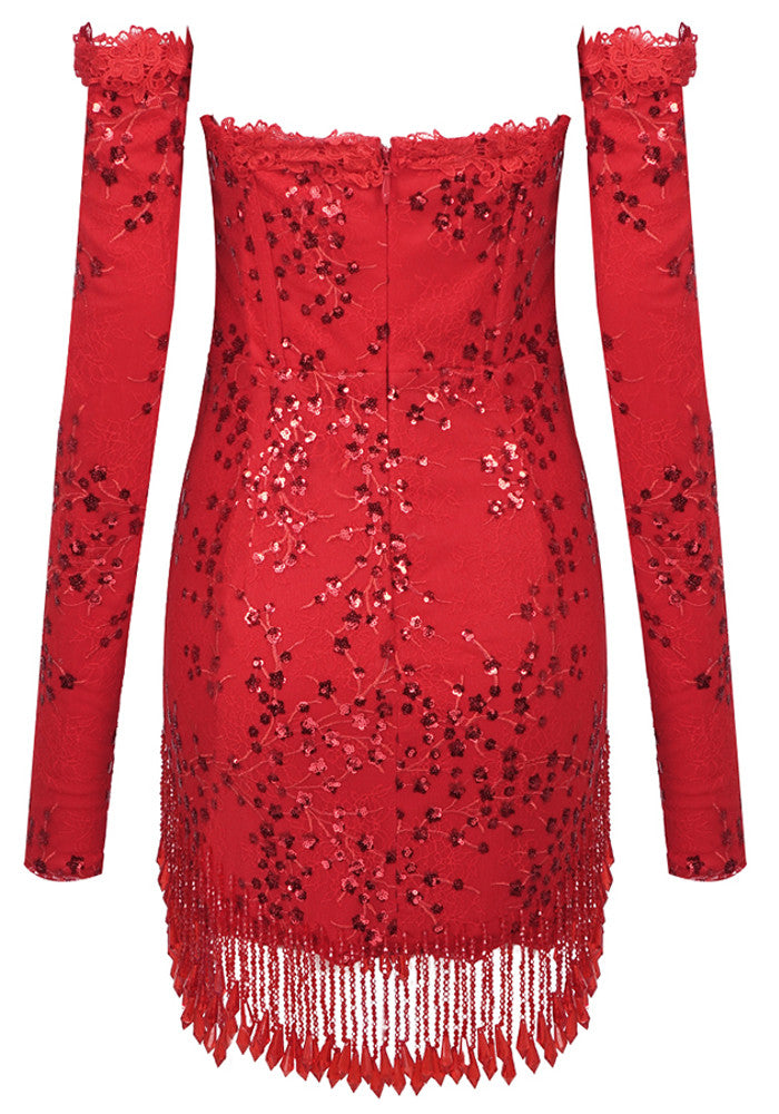Long Sleeve Strapless Sequin Tassel Dress Red