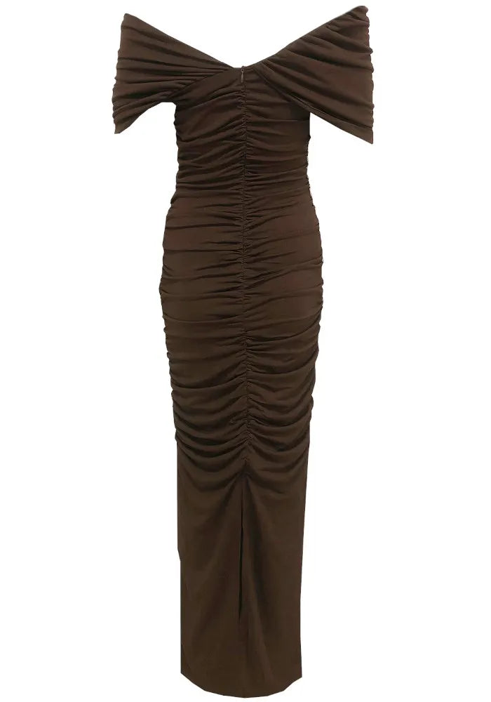 Draped Bardot Maxi Dress Brown