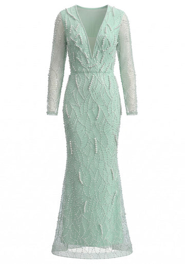 Long Sleeve Pearl Sequin Maxi Dress Green