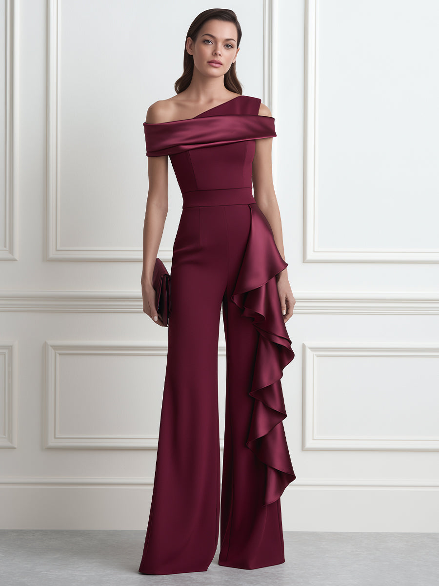 Asymmetric One-Shoulder Cascading Ruffle Satin Wide-Leg Jumpsuit