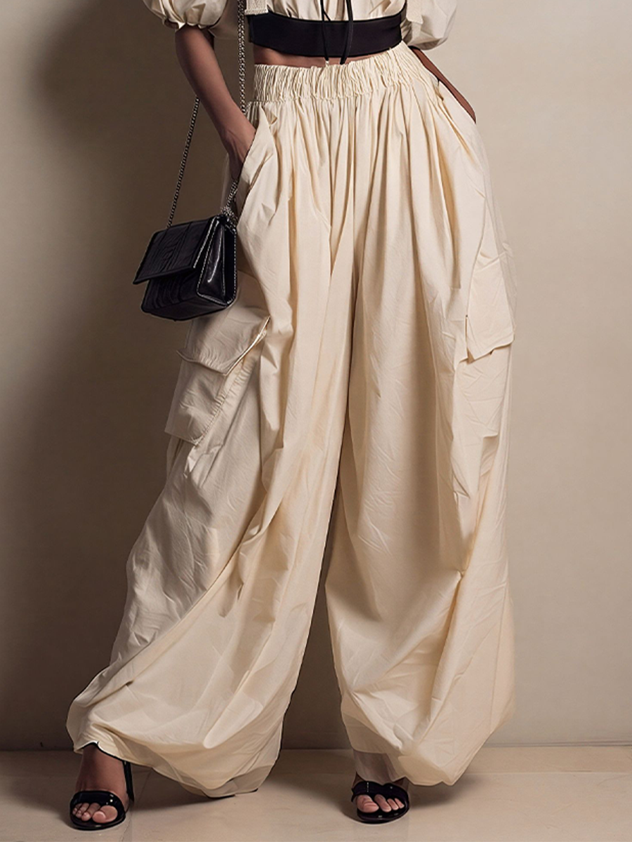 Women's Cream Cotton-Blend Two-Piece Set With Off-Shoulder Crop Top & Cargo Wide-Leg Pants, Timeless Utility-Chic Streetwear Outfit MDZ2528D6LYL