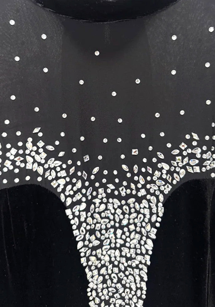 Long Sleeve Crystal Mesh Maxi Velvet Dress Black