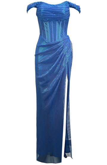 Draped Bardot Sparkly Maxi Dress Blue