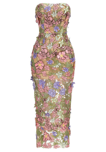 Strapless Floral Corset Maxi Dress Pink Green
