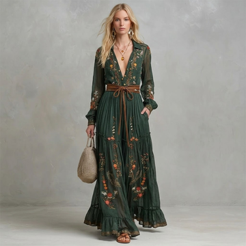 Vintage V-neck Linen Women's Long-sleeved Long Dress Pastoral Style Linen Dress