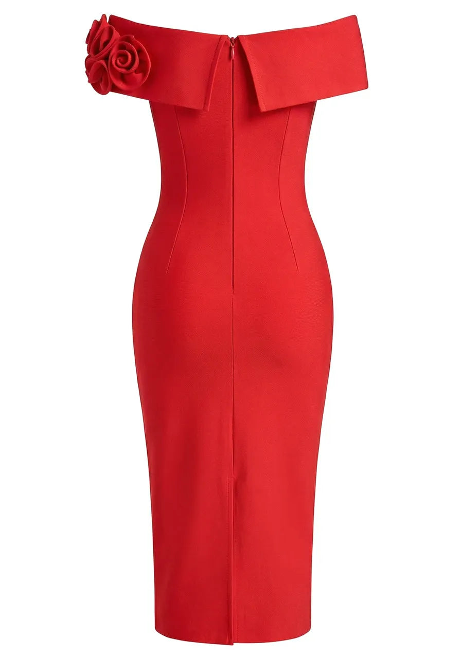 Floral Bardot Midi Dress Red