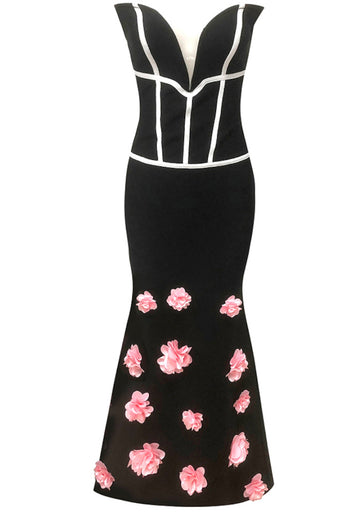 Strapless Floral Detail Maxi Dress Black Pink