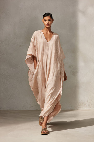 Women's Light Pink Striped V-Neck Kaftan Maxi Dress