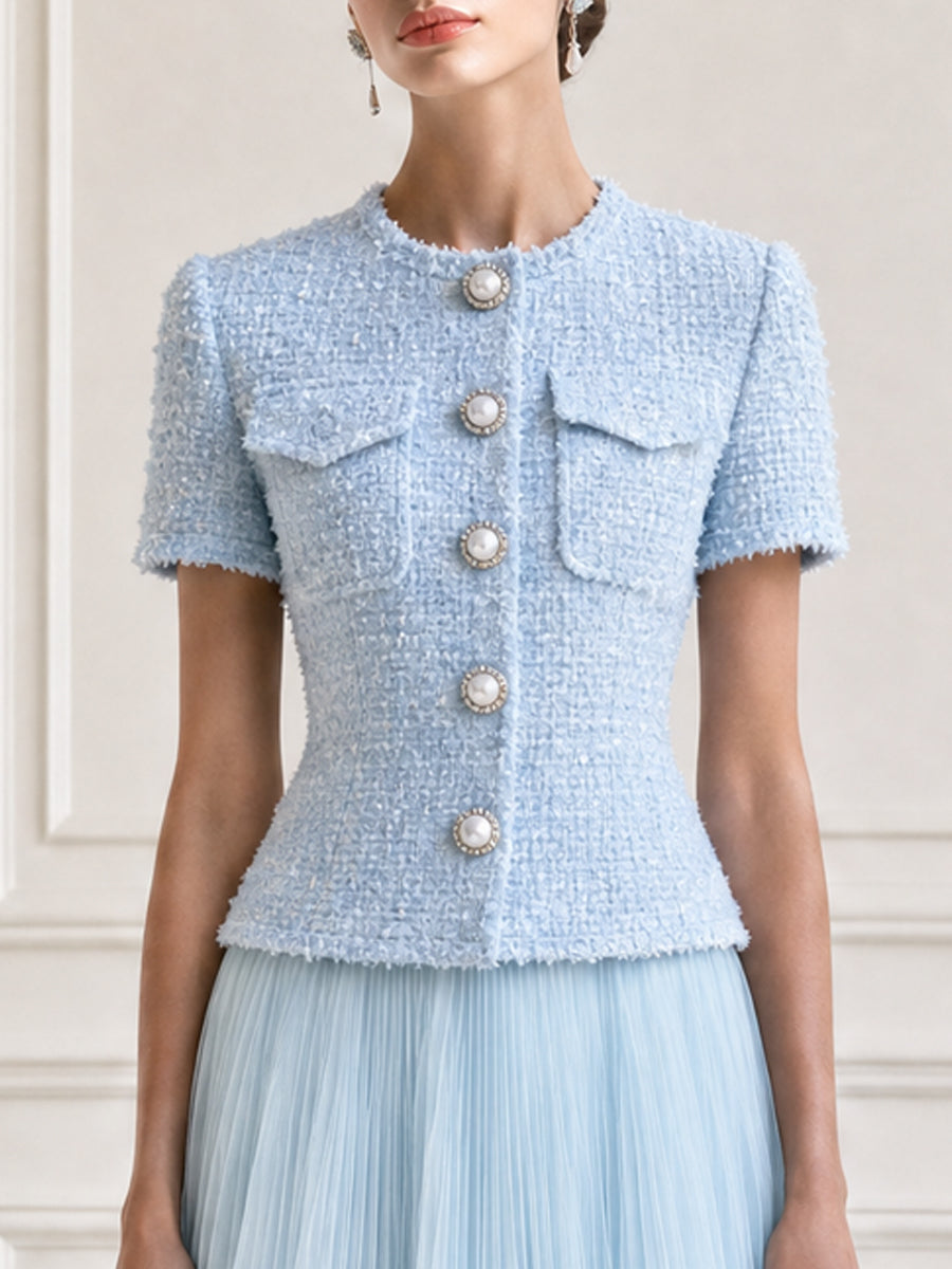 Tweed Short Sleeve Jacket & Pleated Tulle Midi Skirt Set