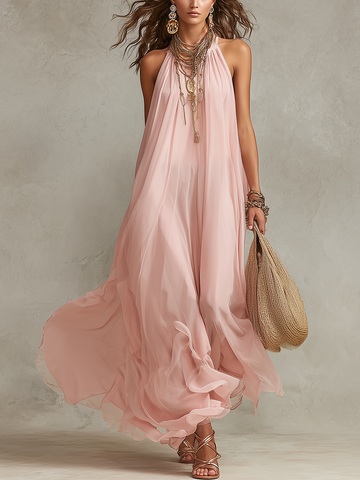 Bohemian Pink Flowing Chiffon Halter Neck Maxi Dress