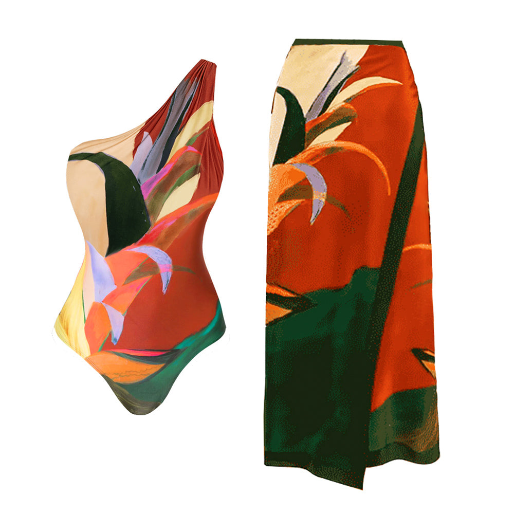One Shoulder Printed One Piece Swimsuit and Skirt