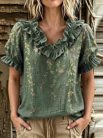 Women's Vintage Floral Print Ruffle V-Neck Puff Sleeve Blouse