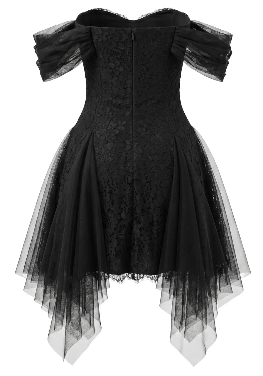 Floral Mesh Bardot Lace Dress Black