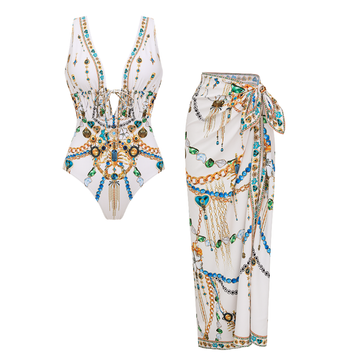 Drawstring Celestial Chains Print Swimsuit Set(s)