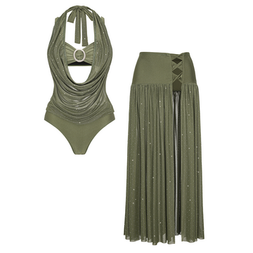 Dark Olive Green Rhinestones Swimsuit Set(s)