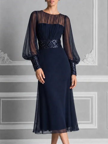 Navy Sheer Chiffon Bishop Sleeve Sequin Waist A-Line Midi Dress