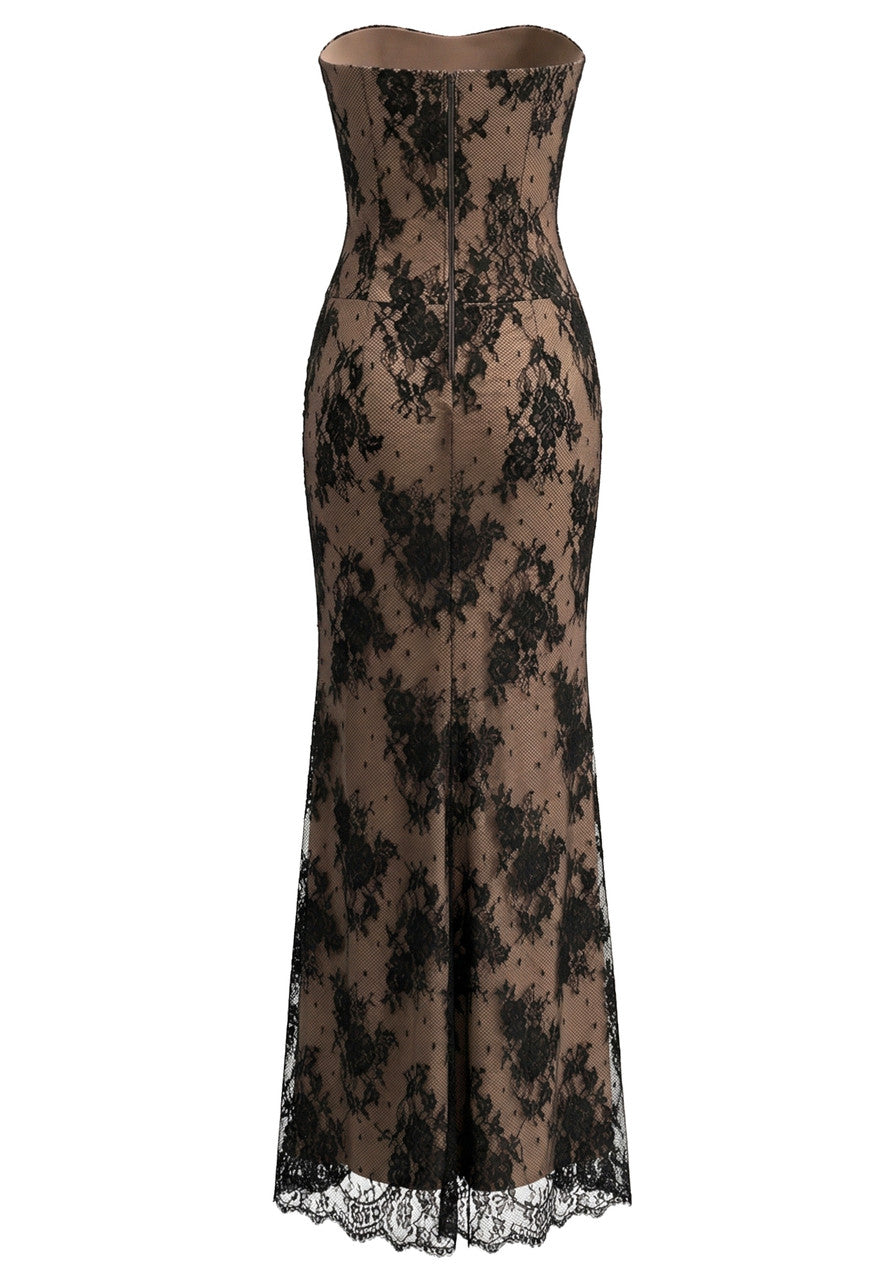 Strapless Embellished Structured Lace Maxi Dress Black