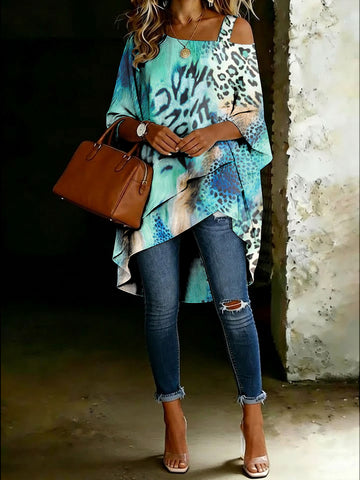 Women's Leopard Cold Shoulder Asymmetrical Hem Blouse