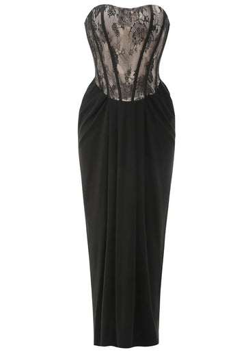 Strapless Lace Bustier Draped Maxi Dress Black