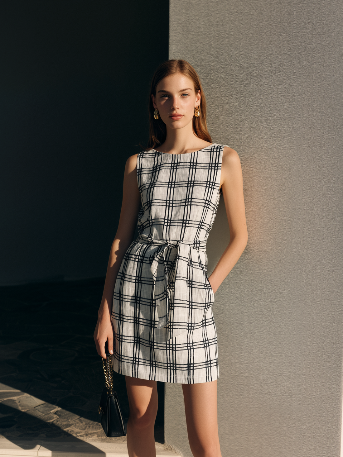 Women's Elegant Black & White Plaid Cotton-Linen Short Dress — Crew Neck, Sleeveless, Loose Fit MDZ2741D6LXY