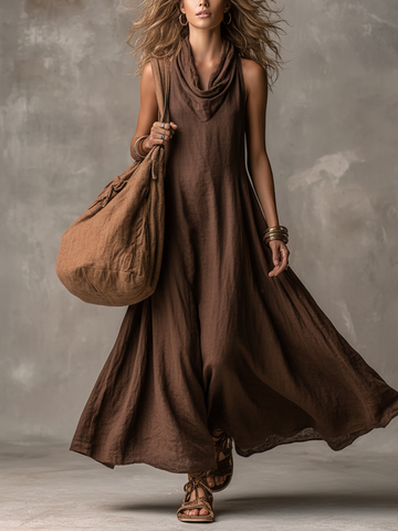 Women's Bohemian Dark Brown Linen-Cotton Cowl Neck Sleeveless Flowy Maxi Dress MDZ2220D4GMJ