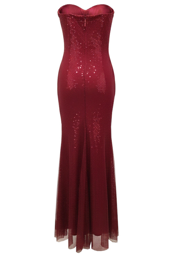 Crystal Strapless Sparkly Draped Maxi Dress Red