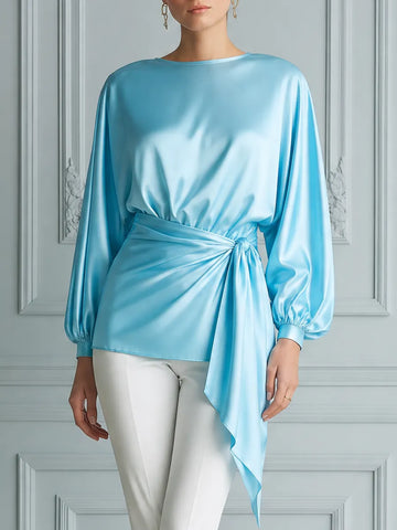 Sky Blue Satin Draped Tie Waist Blouse