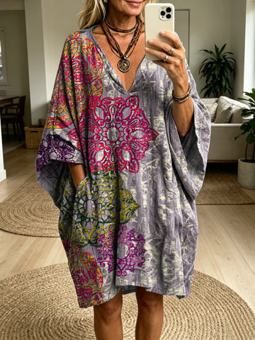 Women's Retro Totem Art Print Casual & Stylish Batwing Sleeve Dress