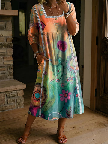 Women's Folk Printed Square Neck Hollow Cotton Pocket Dress