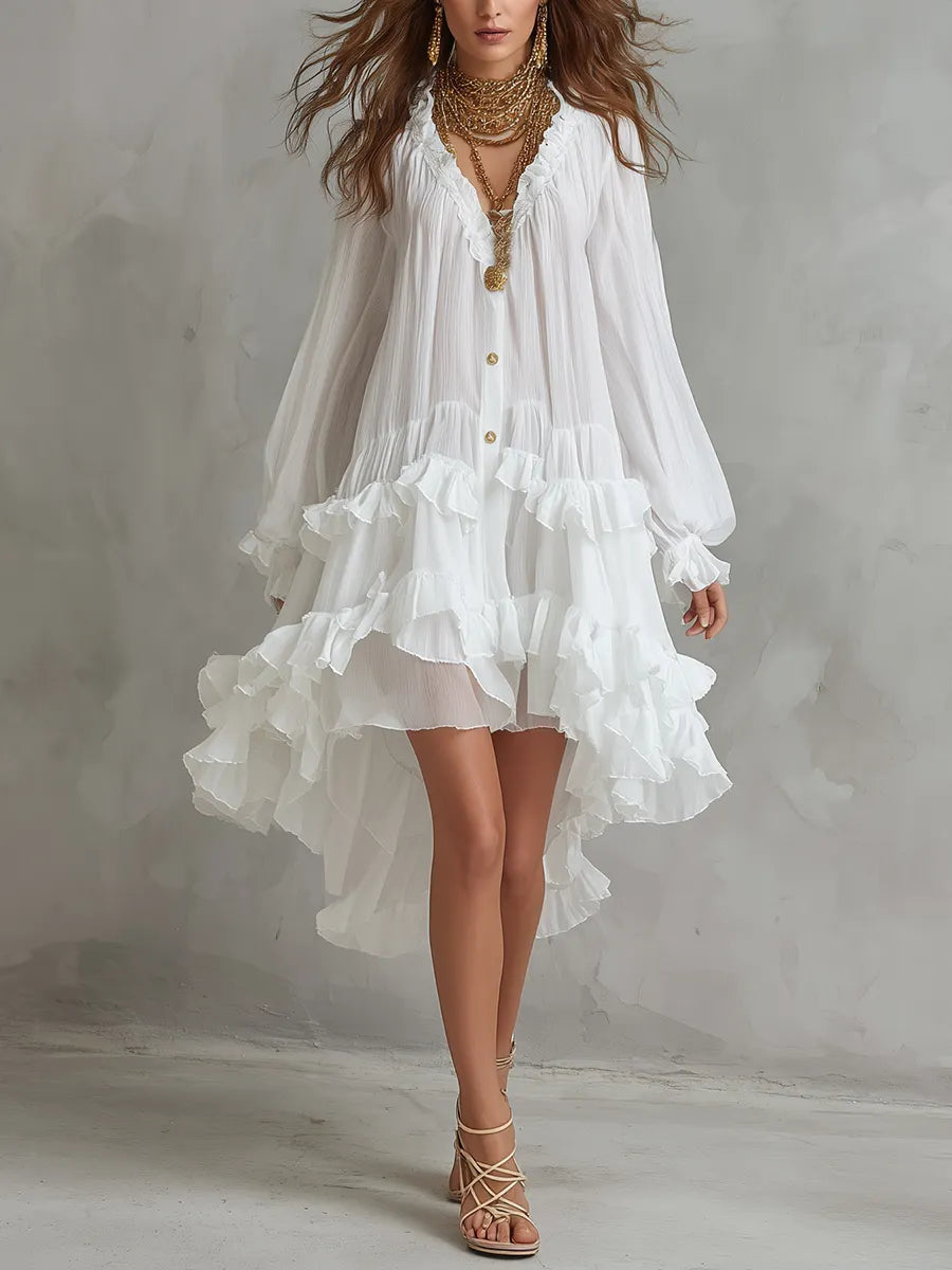 Bohemian White Ruffled Chiffon Dress