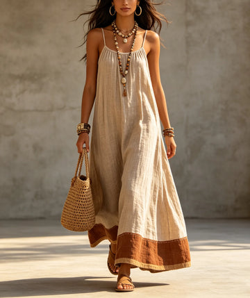 Women's Sleeveless Linen Blend Maxi Dress with Contrast Hem