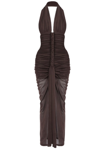 Halter Braid Detail Ruched Maxi Dress Brown