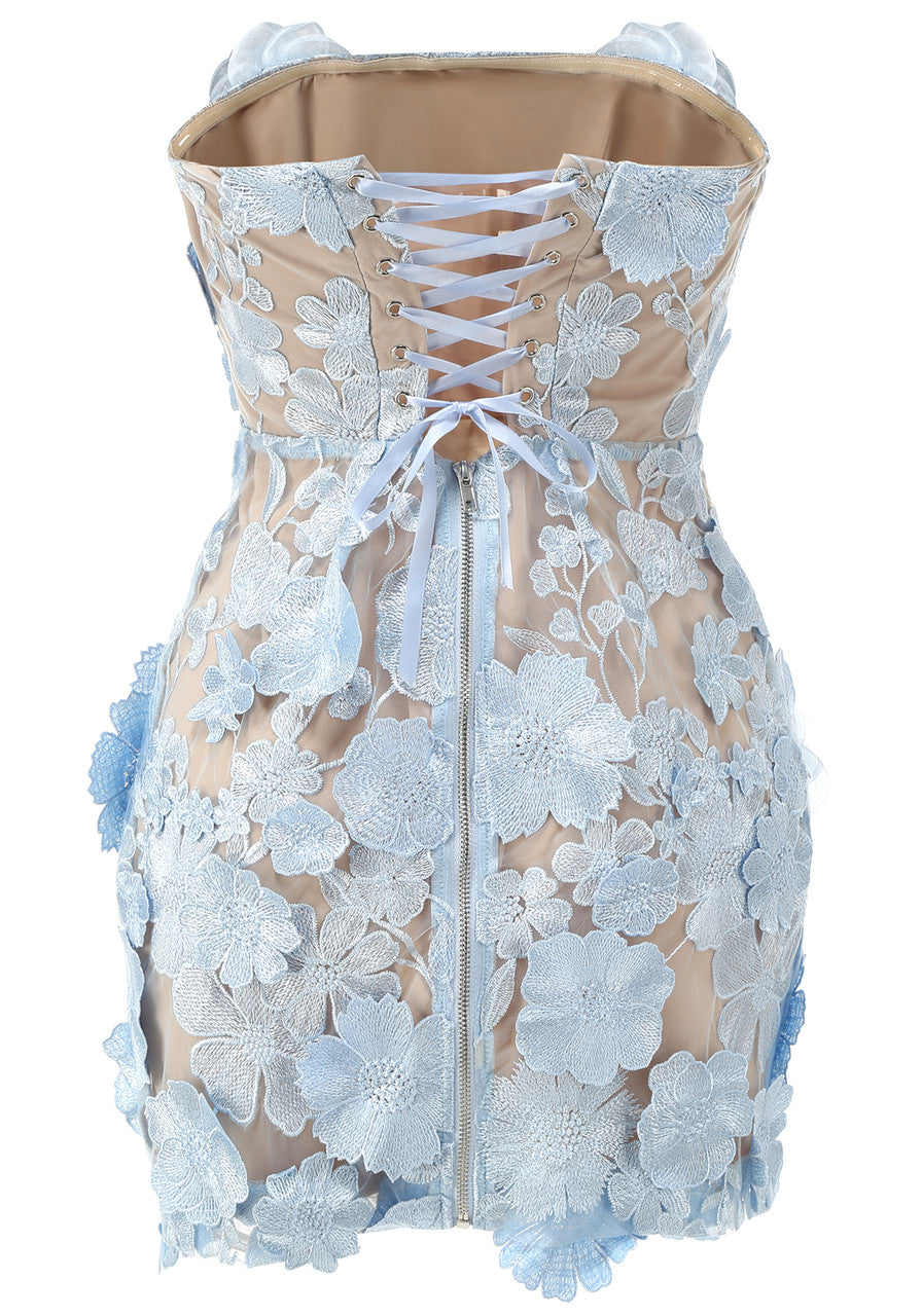 Strapless Embroidered Floral Corset Dress Blue