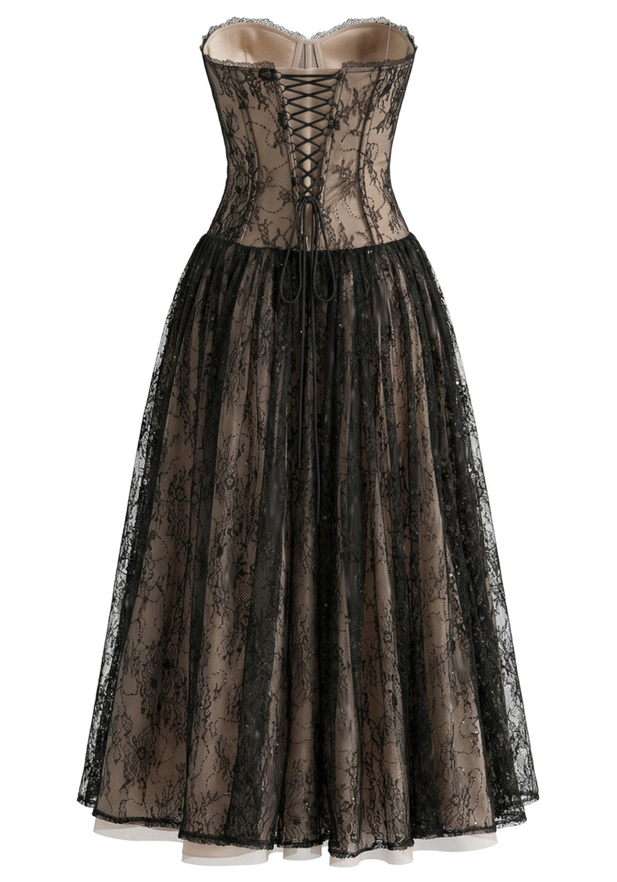 Strapless Butterfly Lace Corset Maxi Dress Black